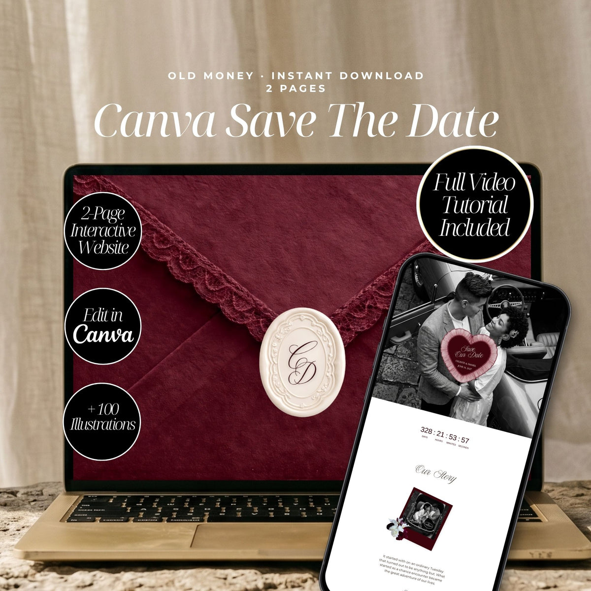 Burgundy Canva Save the Date Wedding Website | Interactive Wax Seal Envelope Reveal | Digital Invitation with Address Collection