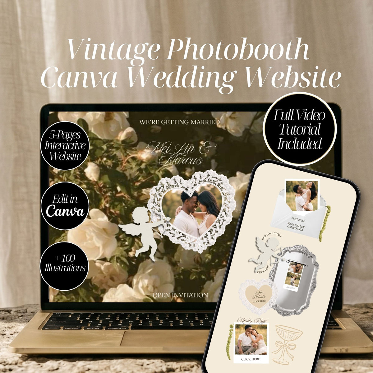 Romantic Photobooth Wedding Website Template | Canva Wedding Website with RSVP, Countdown & Love Story