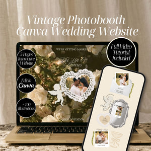 Romantic Photobooth Wedding Website Template | Canva Wedding Website with RSVP, Countdown & Love Story