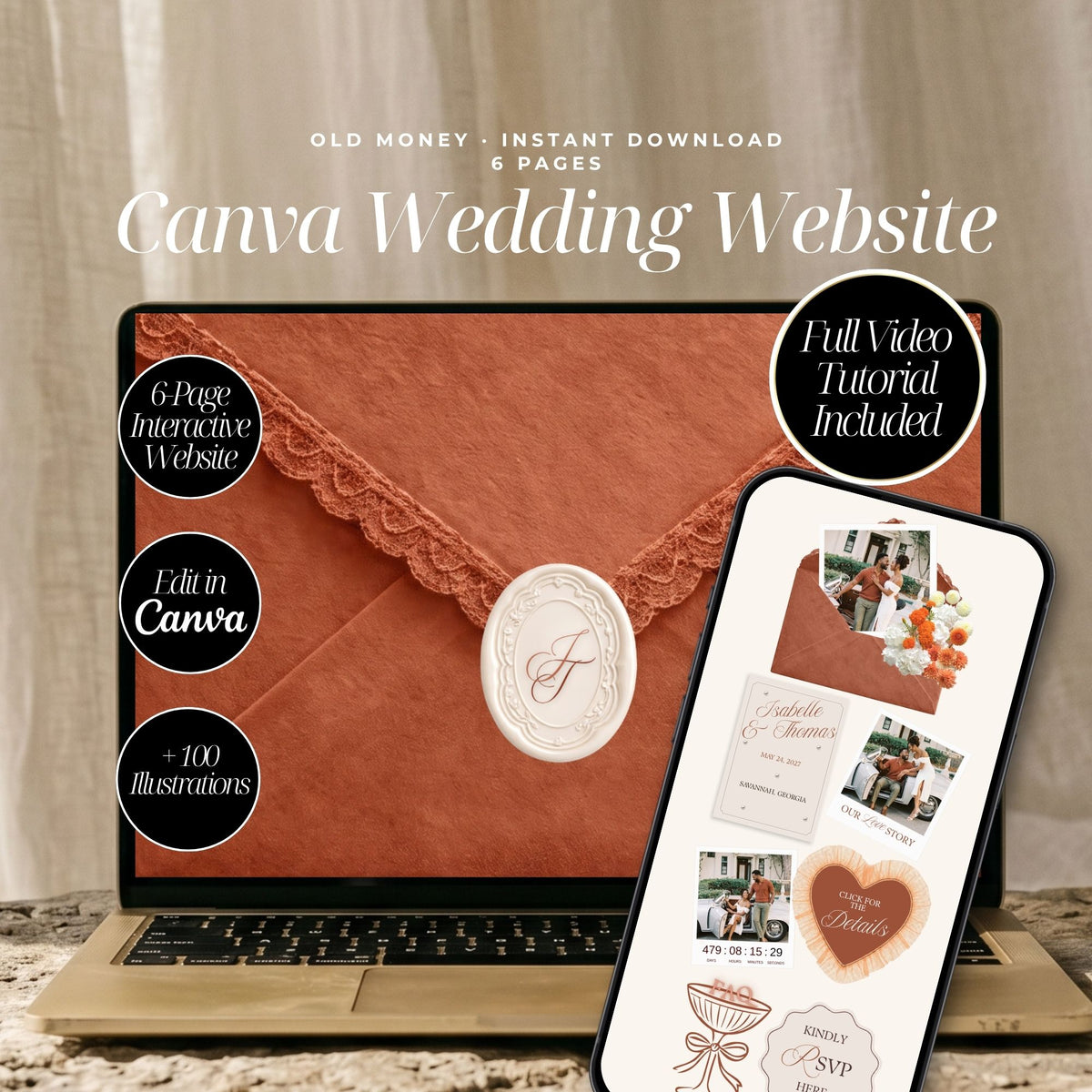 Terracotta Canva Wedding Website Template with RSVP | Rust Wedding Digital Invitation | Editable Wedding Website | Envelope Reveal | Instant Download
