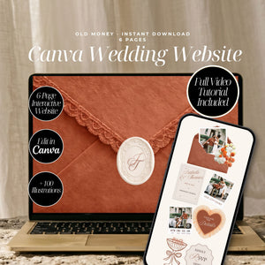 Terracotta Canva Wedding Website Template with RSVP | Rust Wedding Digital Invitation | Editable Wedding Website | Envelope Reveal | Instant Download