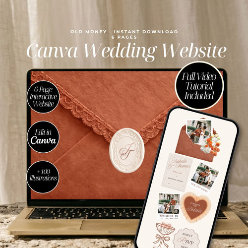 Terracotta Canva Wedding Website Template with RSVP | Rust Wedding Digital Invitation | Editable Wedding Website | Envelope Reveal | Instant Download