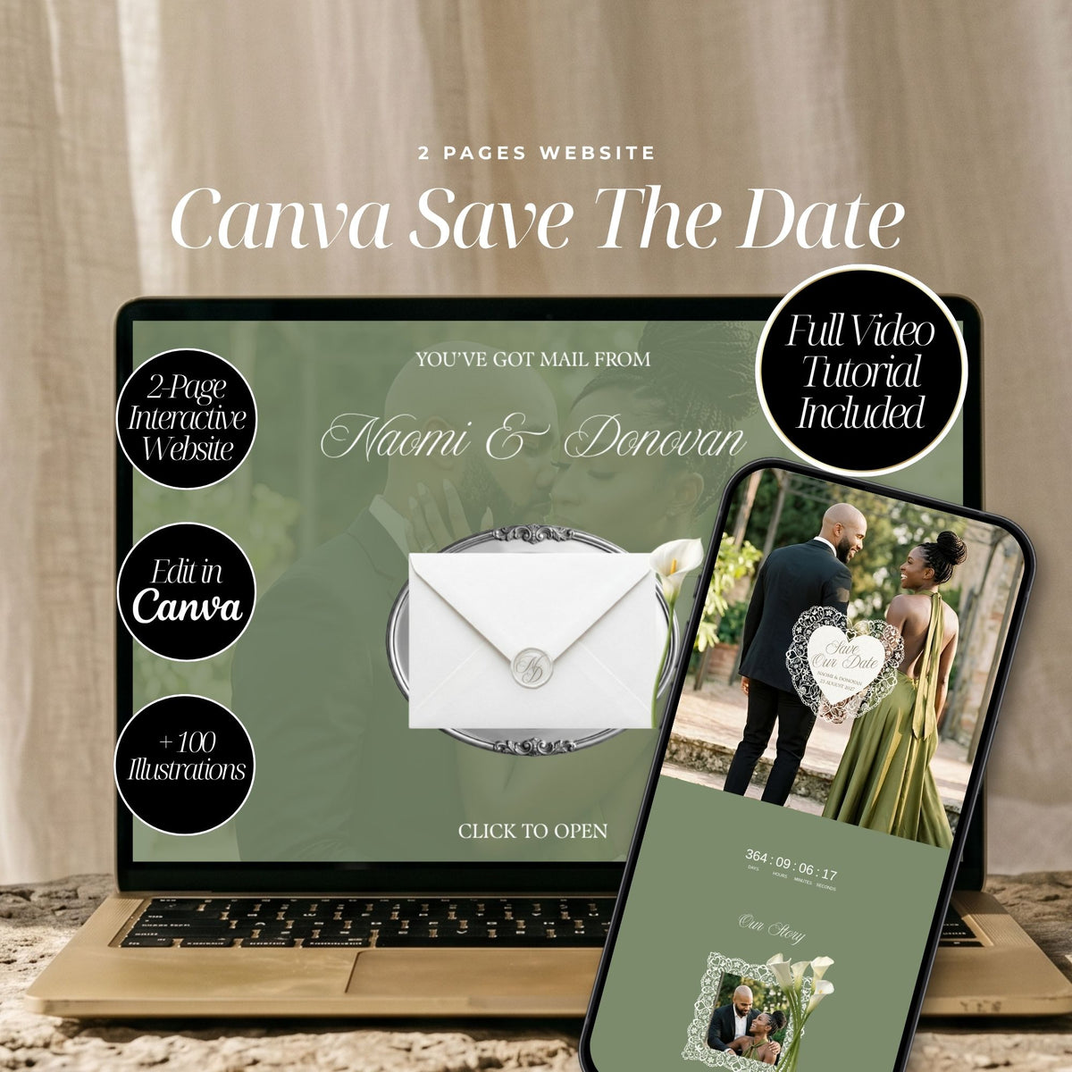 Old Money Save the Date Template | Olive Green Canva Editable | Elegant Digital Wedding Announcement