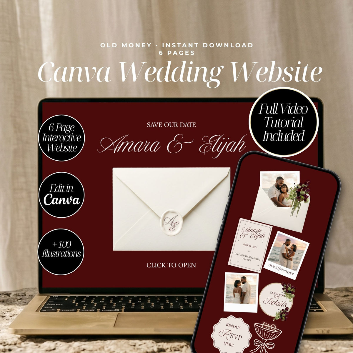 Old Money Canva Wedding Website Template with RSVP | Vintage Romance Canva Editable | Elegant Digital Invitation