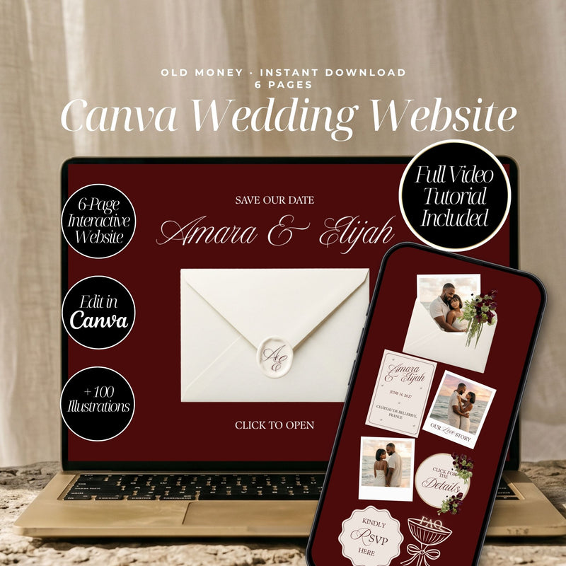 Old Money Canva Wedding Website Template with RSVP | Vintage Romance Canva Editable | Elegant Digital Invitation