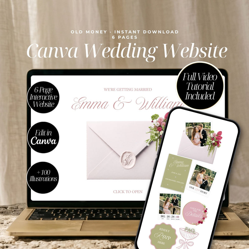 Pink and Olive Green Wedding Website Template with RSVP | Canva Editable | Elegant Digital Invitation