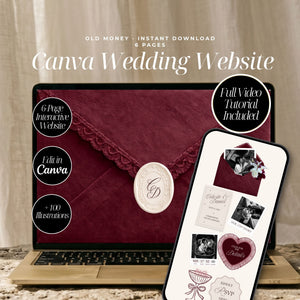 Burgundy Canva Wedding Website Template with RSVP | Old Money Digital Wedding Invitation | Editable Wedding Website