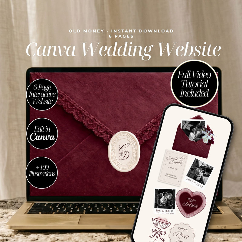Burgundy Canva Wedding Website Template with RSVP | Old Money Digital Wedding Invitation | Editable Wedding Website