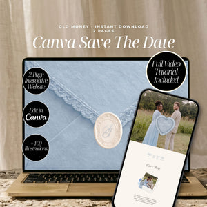 Dusty Blue Canva Save the Date Wedding Website | Interactive Wax Seal Envelope Reveal | Digital Invitation with Address Collection