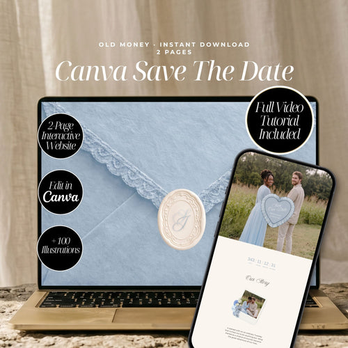 Dusty Blue Canva Save the Date Wedding Website | Interactive Wax Seal Envelope Reveal | Digital Invitation with Address Collection