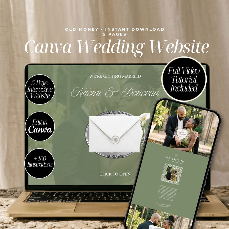 Olive Green Canva Wedding Website Template with RSVP | Olive Green Canva Editable | Elegant Digital Invitation
