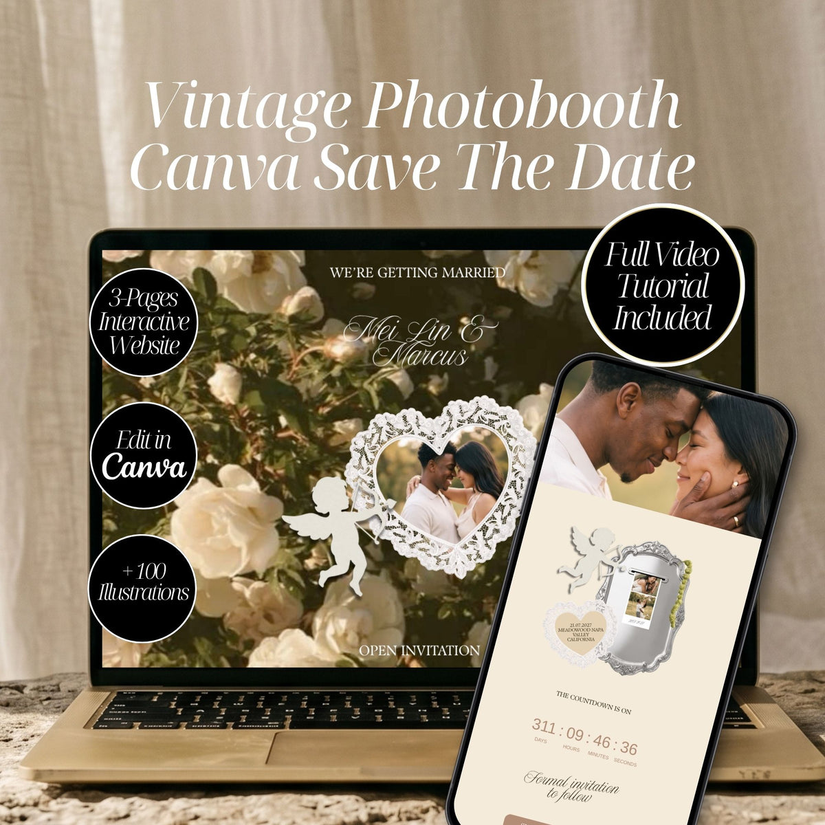 Romantic Photobooth Save the Date Website Template | Canva Save the Date with Countdown Timer & Address Collection