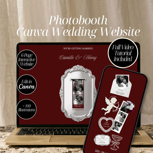 Photobooth Canva Wedding Website Template | Old Money Burgundy Aesthetic