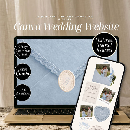 Dusty Blue Canva Wedding Website Template with RSVP | Watercolor Floral Digital Invitation | Editable Wedding Website