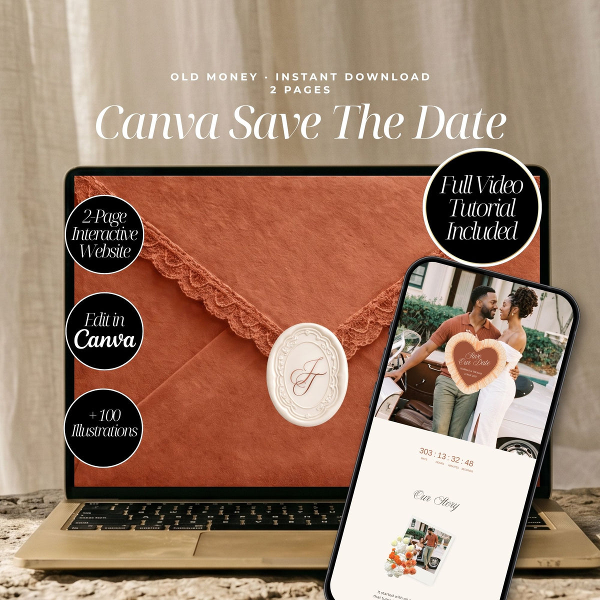 Terracotta Canva Save the Date Wedding Website | Interactive Wax Seal Envelope Reveal | Digital Invitation with Address Collection | Rust Watercolor Floral