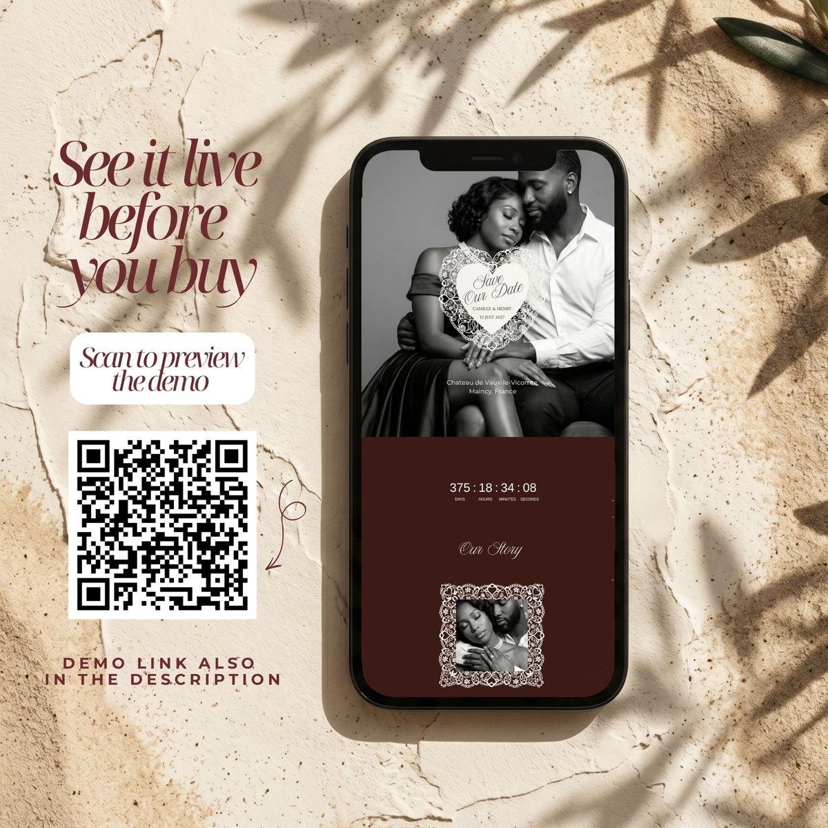 Old Money Save the Date Template | Burgundy & Ivory Canva Editable | Elegant Digital Wedding Announcement