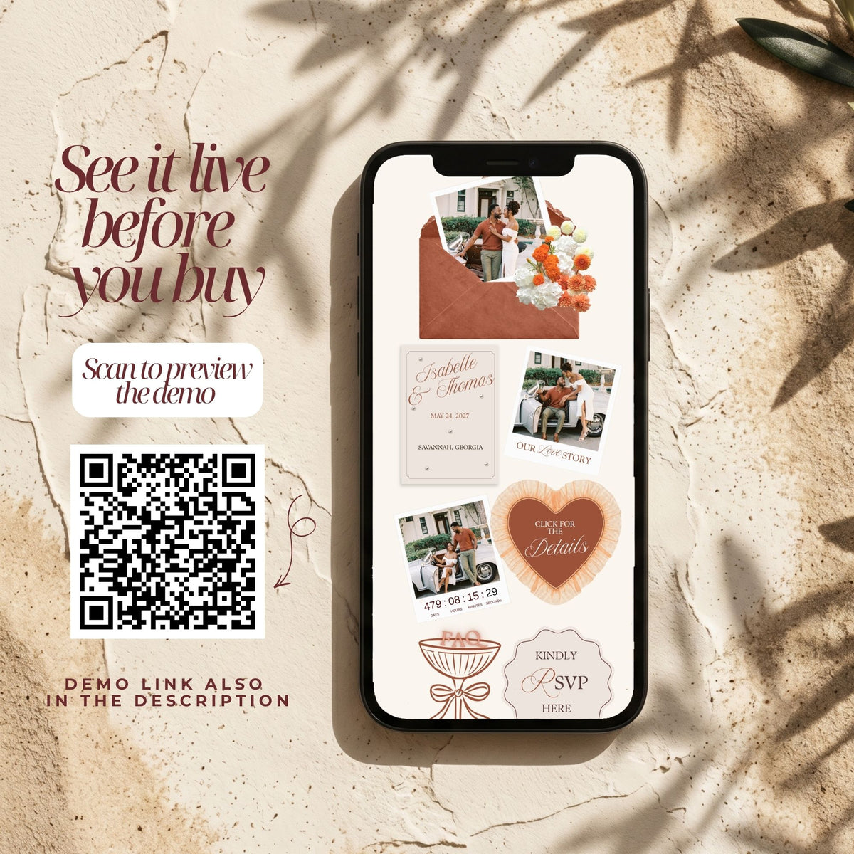 Terracotta Canva Wedding Website Template with RSVP | Rust Wedding Digital Invitation | Editable Wedding Website | Envelope Reveal | Instant Download