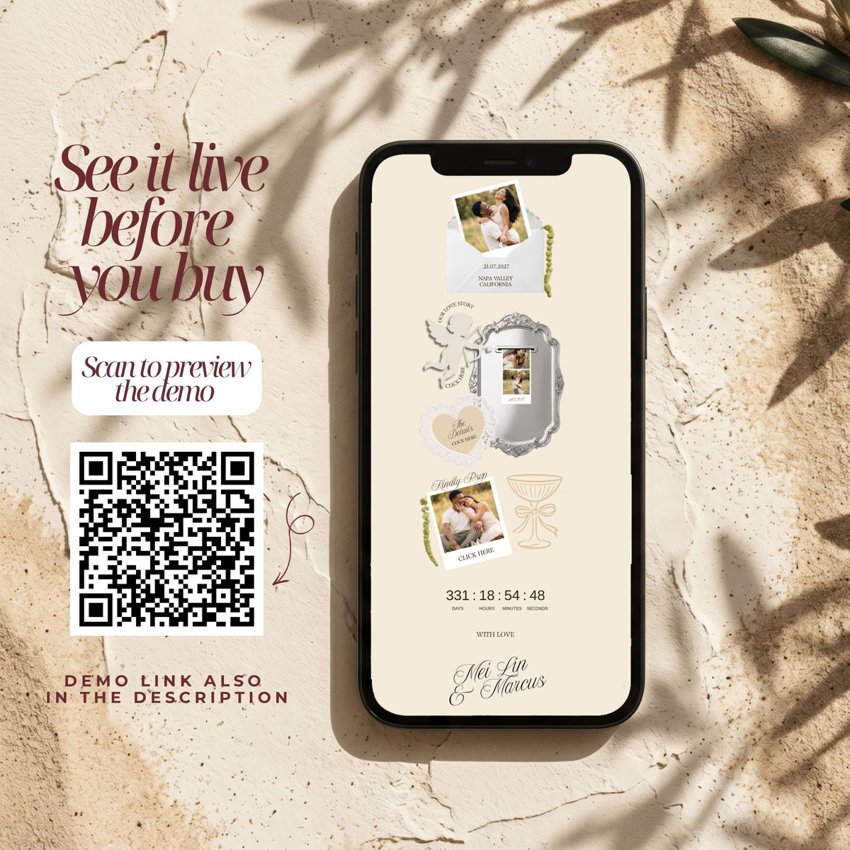 Romantic Photobooth Wedding Website Template | Canva Wedding Website with RSVP, Countdown & Love Story