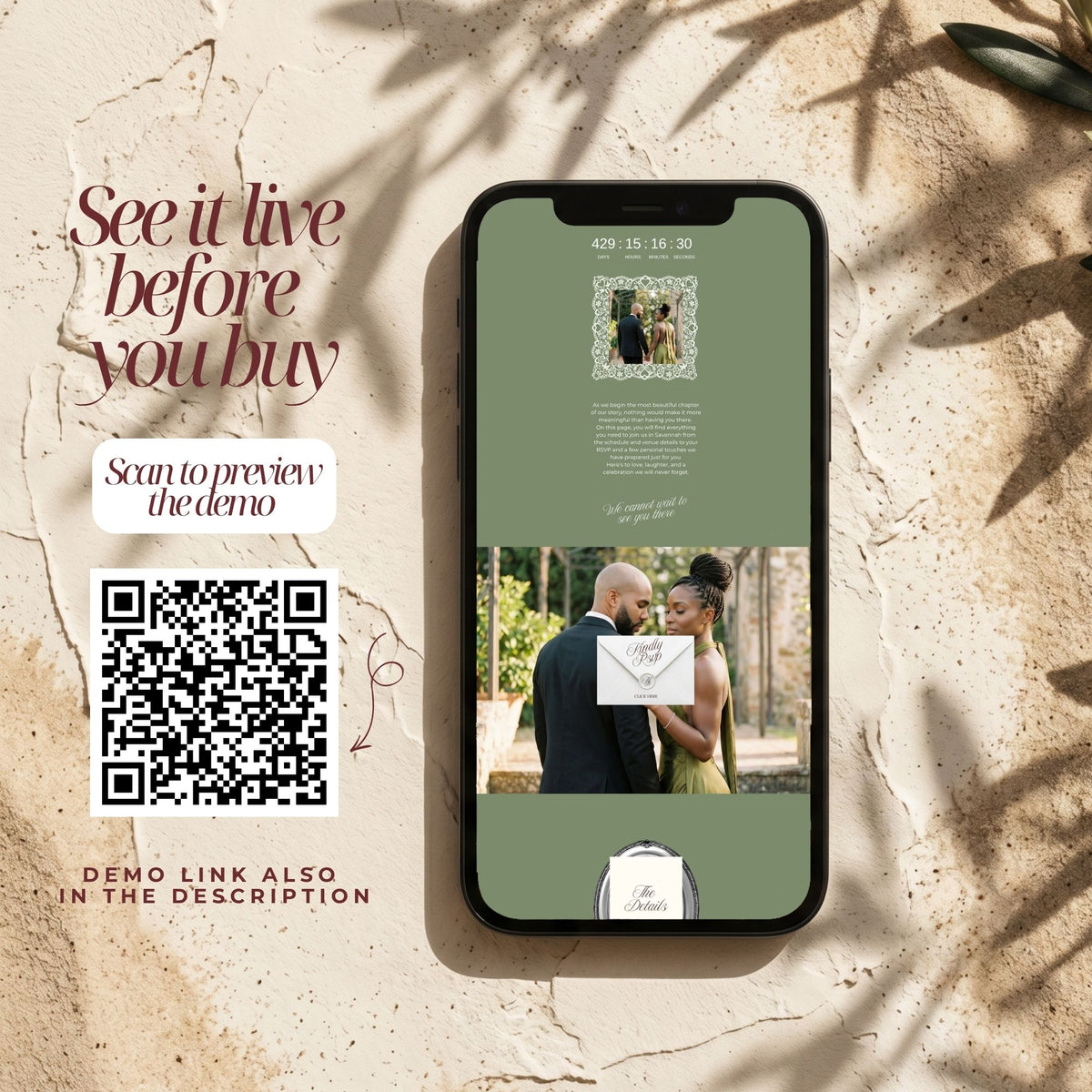 Olive Green Canva Wedding Website Template with RSVP | Olive Green Canva Editable | Elegant Digital Invitation