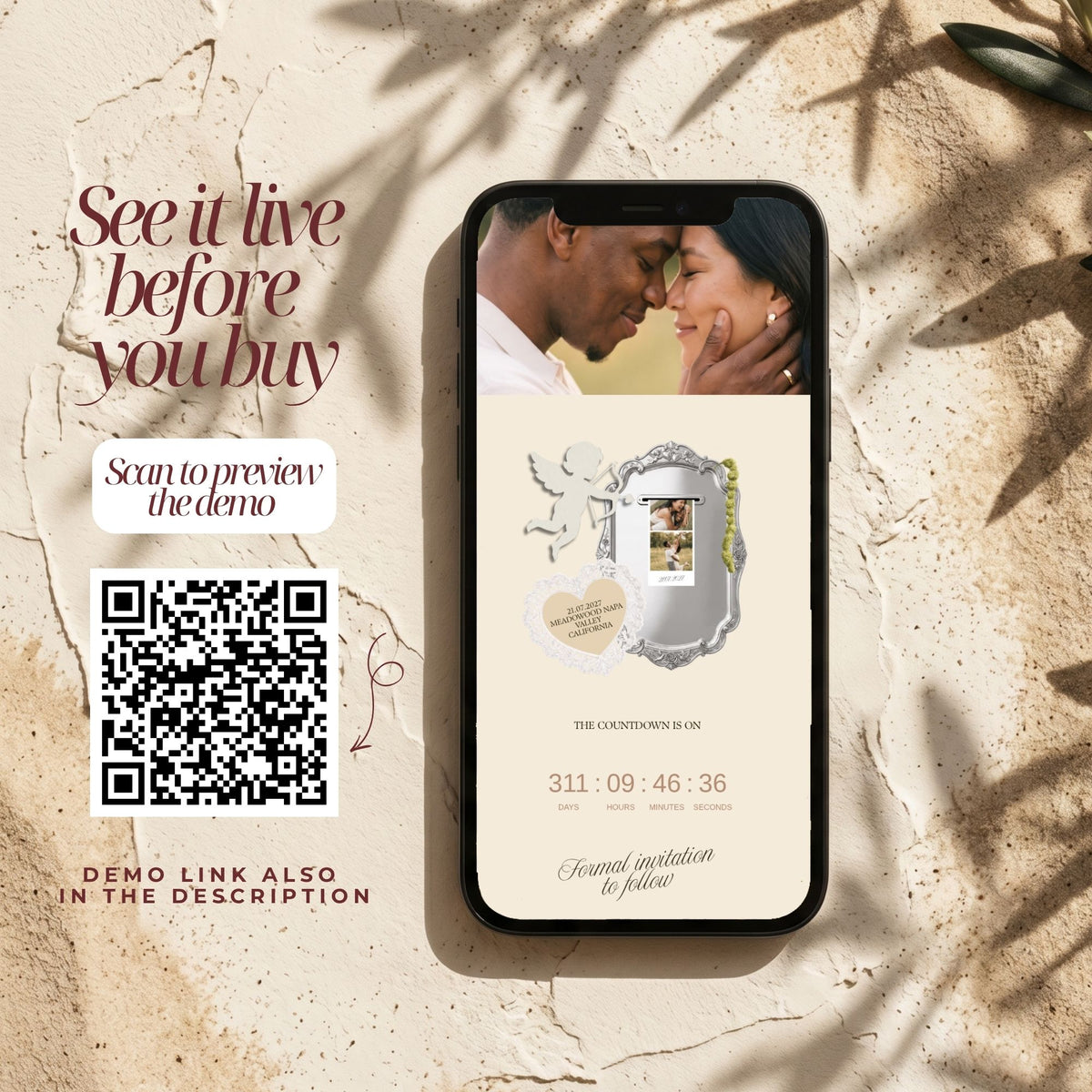 Romantic Photobooth Save the Date Website Template | Canva Save the Date with Countdown Timer & Address Collection