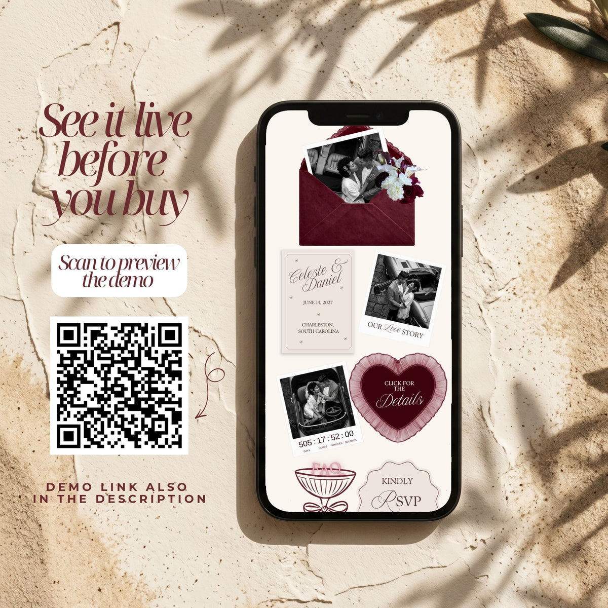 Burgundy Canva Wedding Website Template with RSVP | Old Money Digital Wedding Invitation | Editable Wedding Website