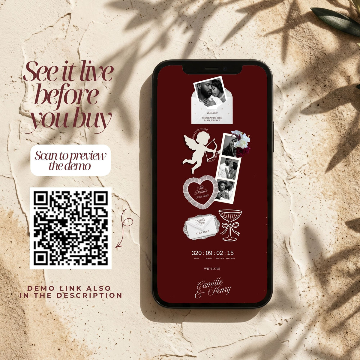 Photobooth Canva Wedding Website Template | Old Money Burgundy Aesthetic