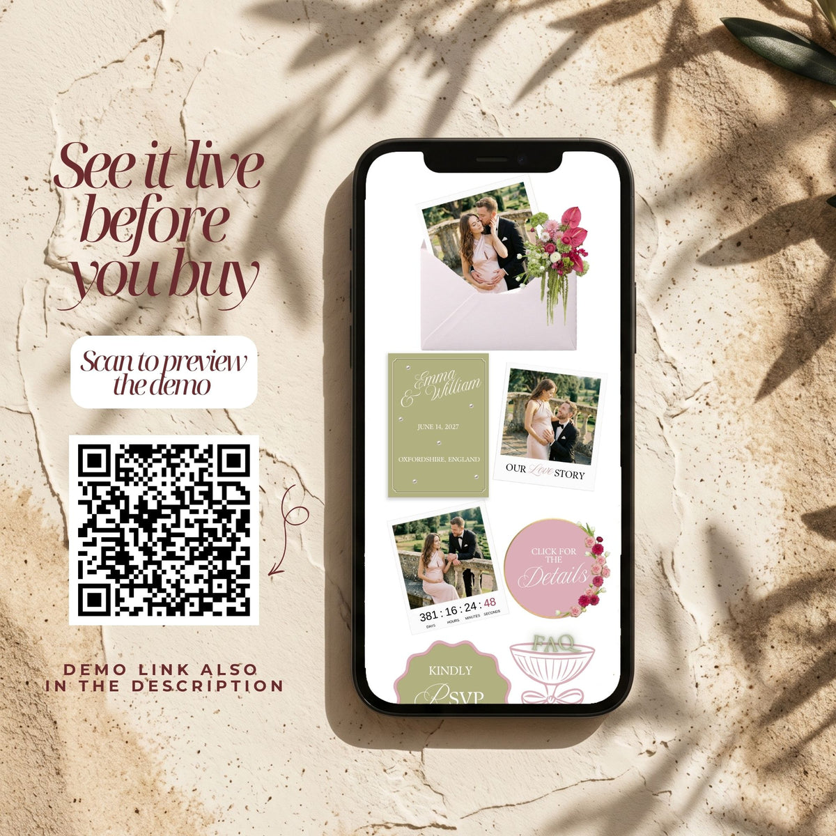Pink and Olive Green Wedding Website Template with RSVP | Canva Editable | Elegant Digital Invitation