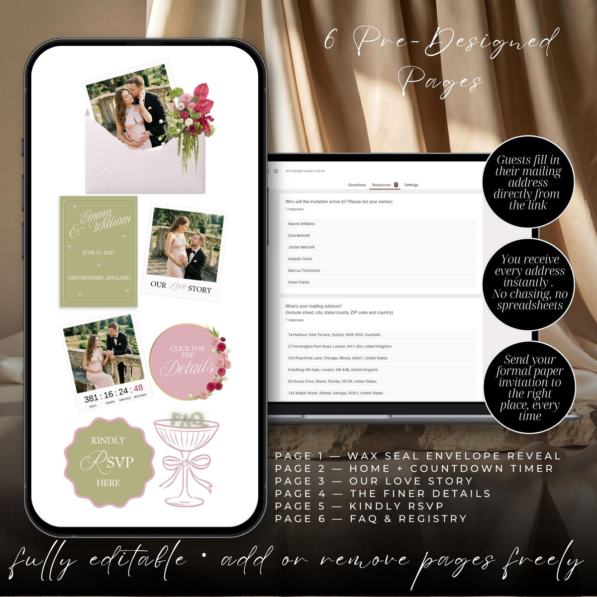Pink and Olive Green Wedding Website Template with RSVP | Canva Editable | Elegant Digital Invitation