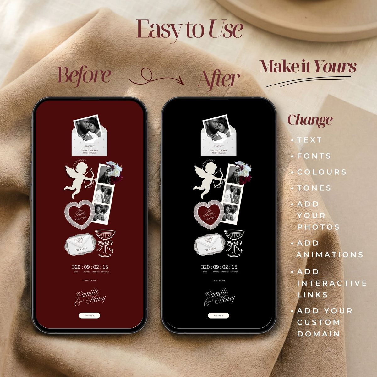 Photobooth Canva Wedding Website Template | Old Money Burgundy Aesthetic