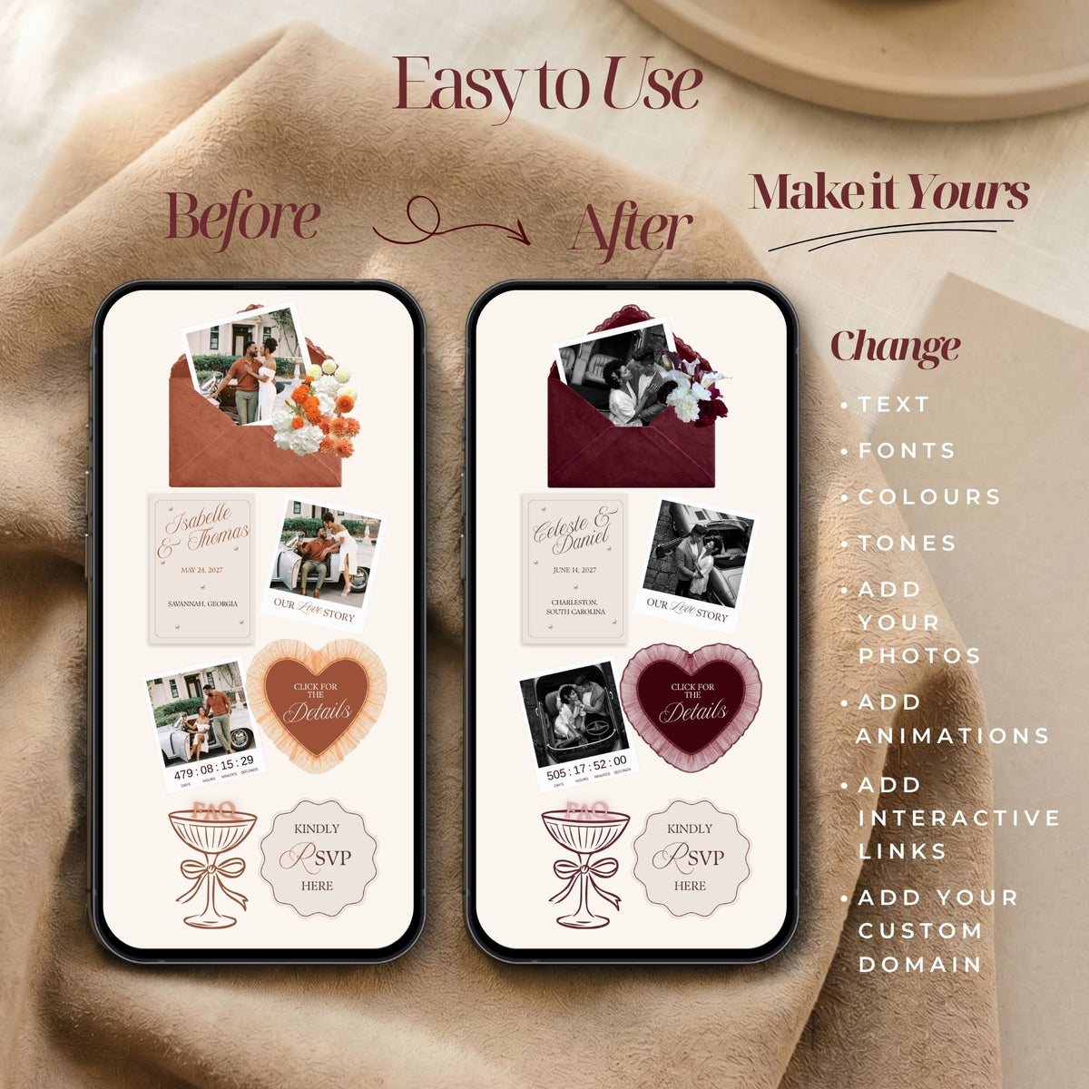 Terracotta Canva Wedding Website Template with RSVP | Rust Wedding Digital Invitation | Editable Wedding Website | Envelope Reveal | Instant Download