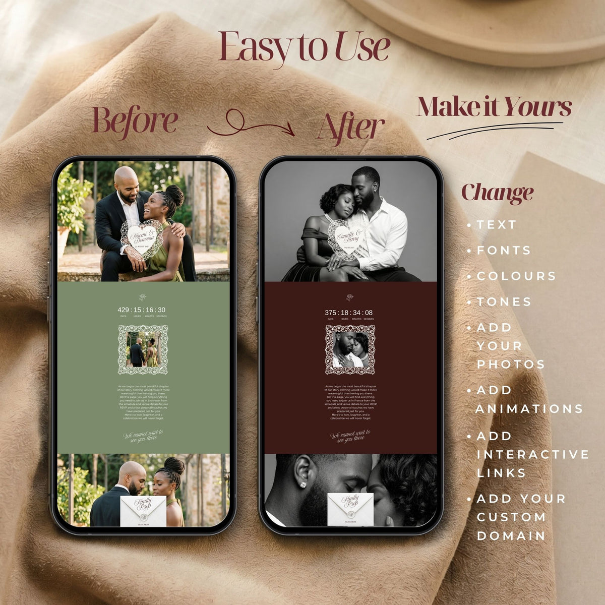 Olive Green Canva Wedding Website Template with RSVP | Olive Green Canva Editable | Elegant Digital Invitation