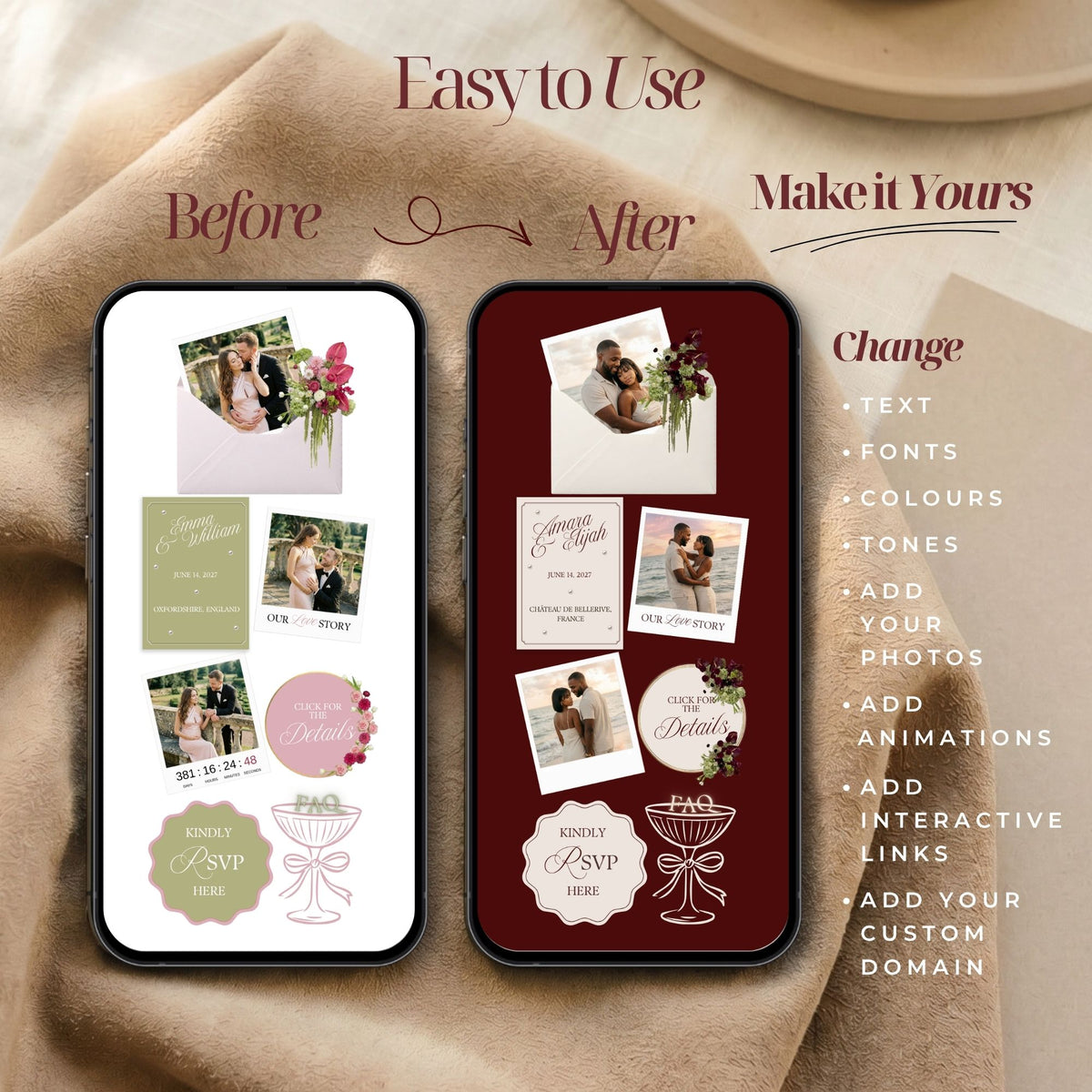Pink and Olive Green Wedding Website Template with RSVP | Canva Editable | Elegant Digital Invitation