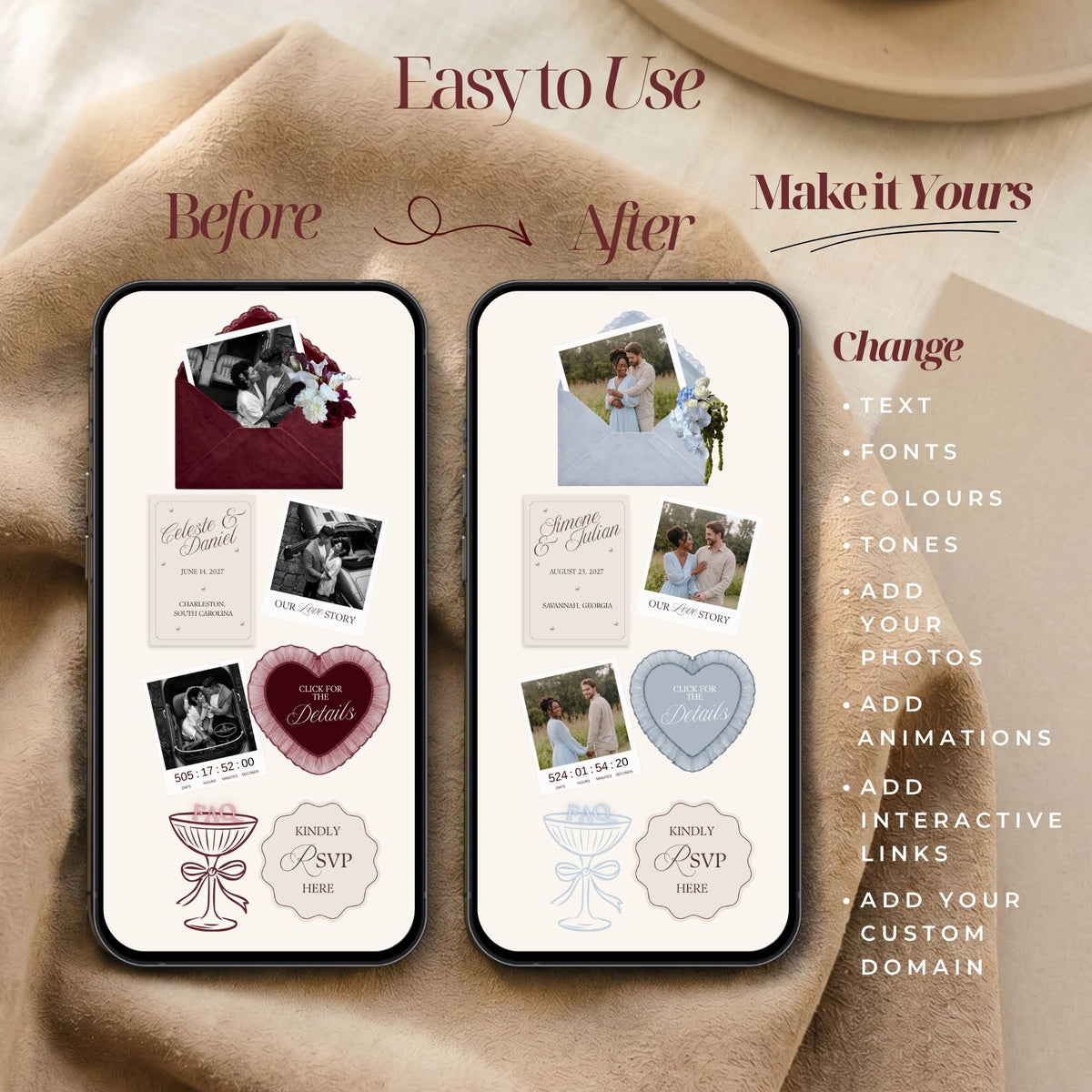 Burgundy Canva Wedding Website Template with RSVP | Old Money Digital Wedding Invitation | Editable Wedding Website