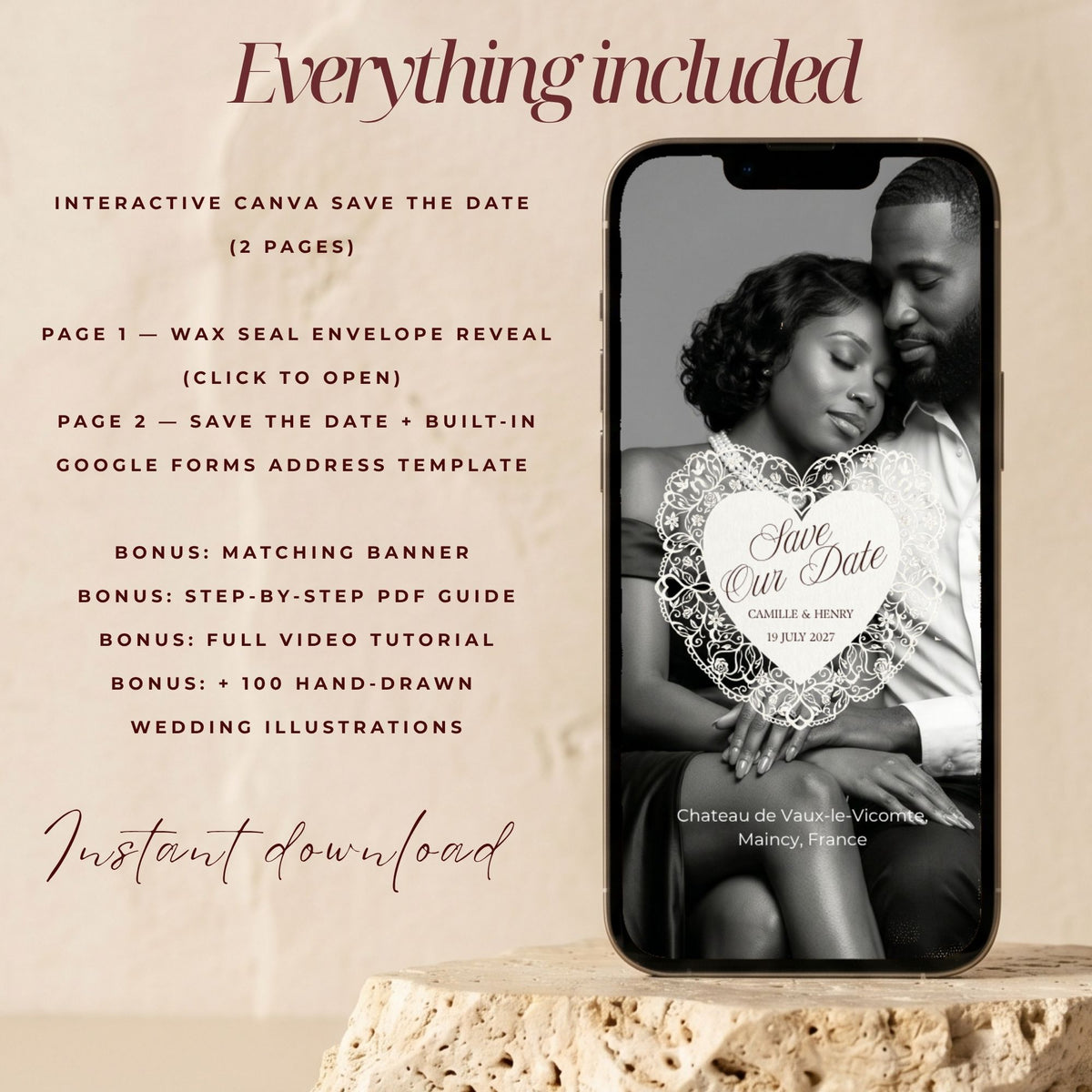 Old Money Save the Date Template | Burgundy & Ivory Canva Editable | Elegant Digital Wedding Announcement
