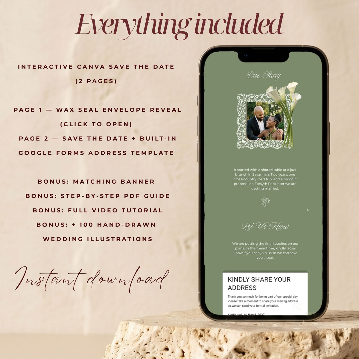 Old Money Save the Date Template | Olive Green Canva Editable | Elegant Digital Wedding Announcement
