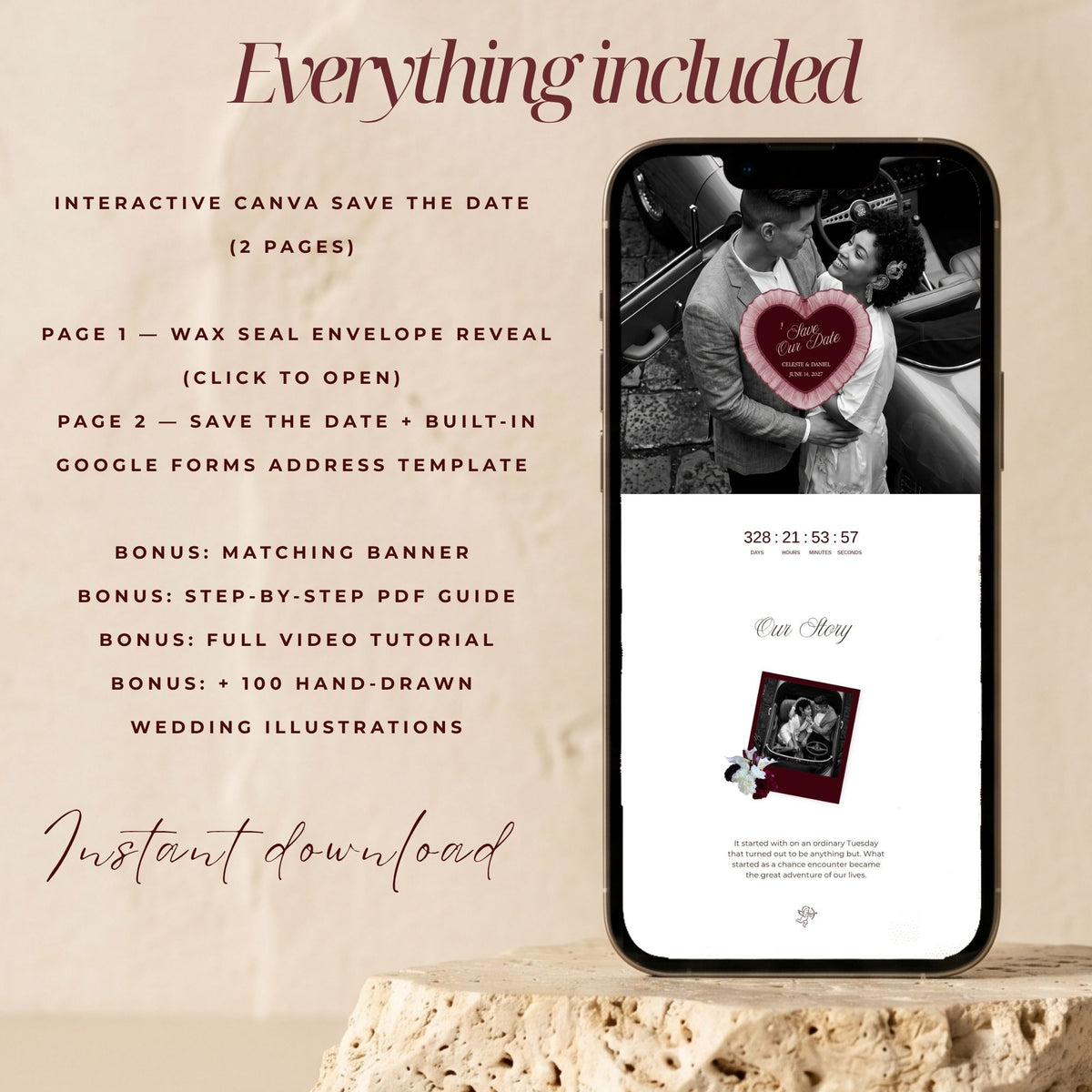 Burgundy Canva Save the Date Wedding Website | Interactive Wax Seal Envelope Reveal | Digital Invitation with Address Collection