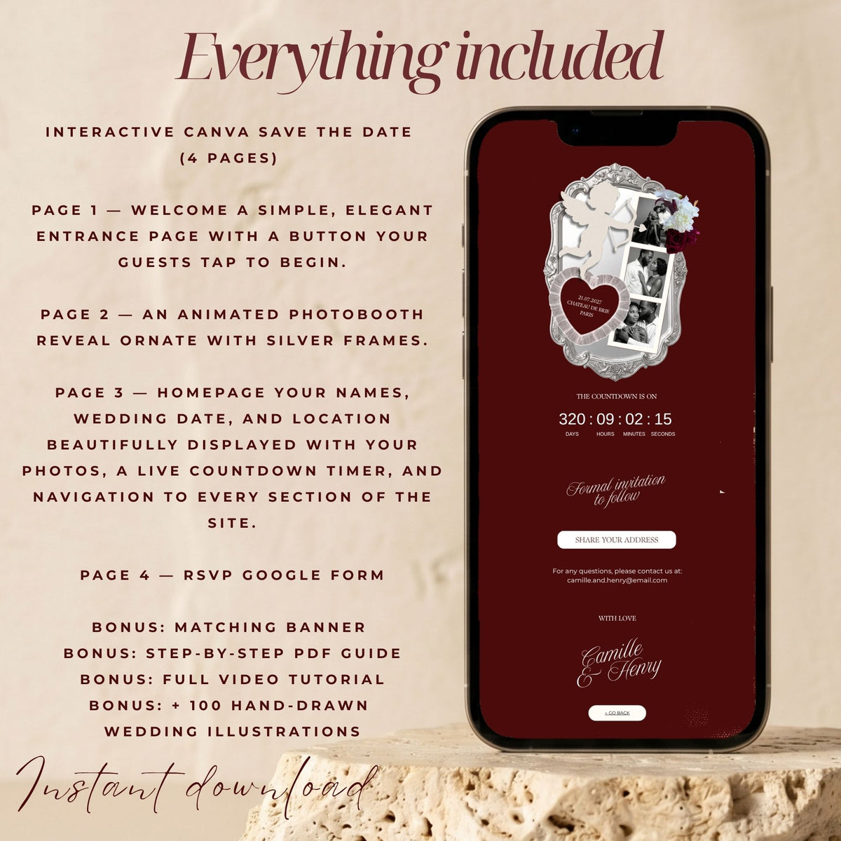 Photobooth Canva Save the Date Template | Old Money Burgundy Aesthetic