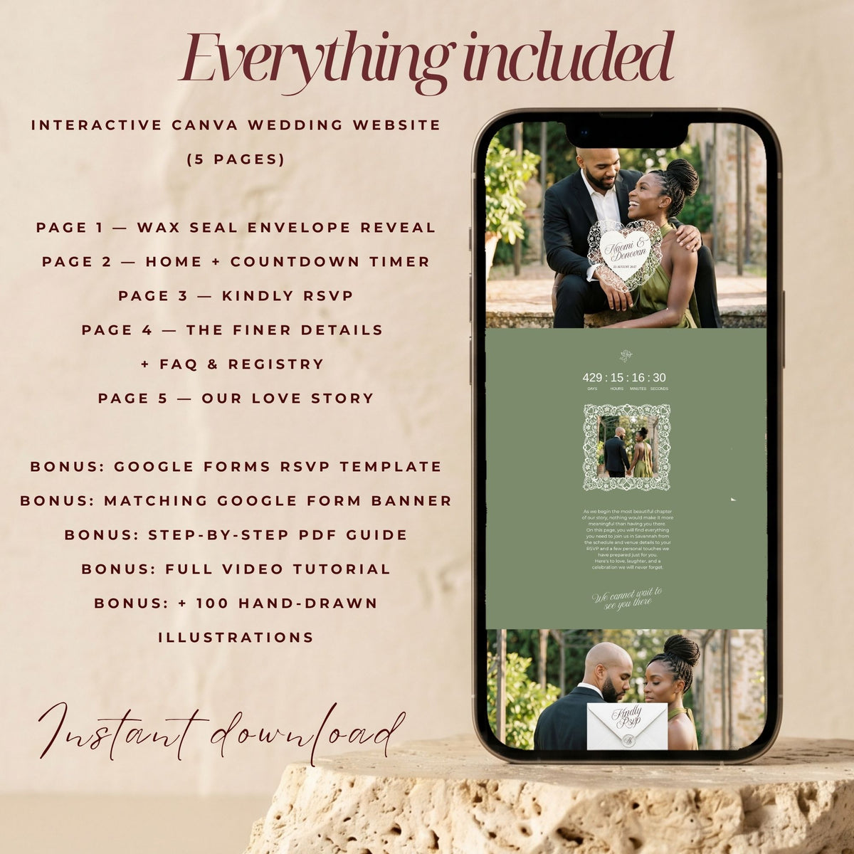 Olive Green Canva Wedding Website Template with RSVP | Olive Green Canva Editable | Elegant Digital Invitation