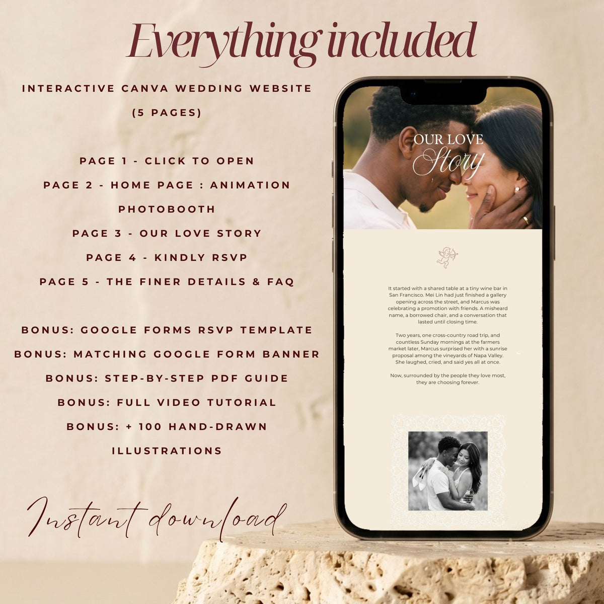 Romantic Photobooth Wedding Website Template | Canva Wedding Website with RSVP, Countdown & Love Story