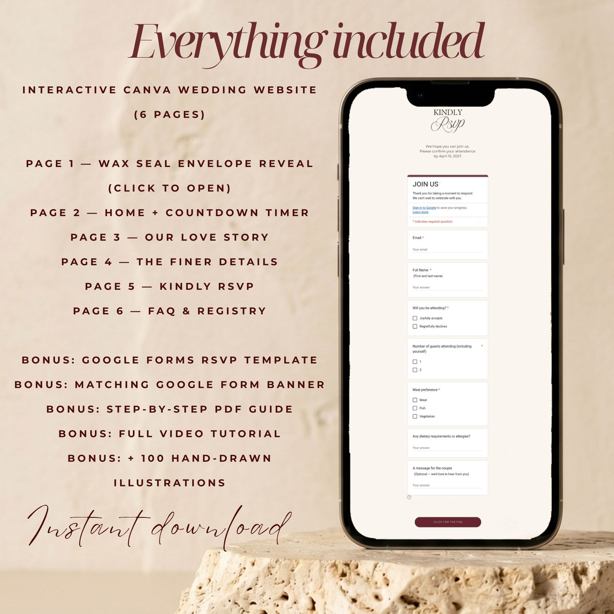 Burgundy Canva Wedding Website Template with RSVP | Old Money Digital Wedding Invitation | Editable Wedding Website