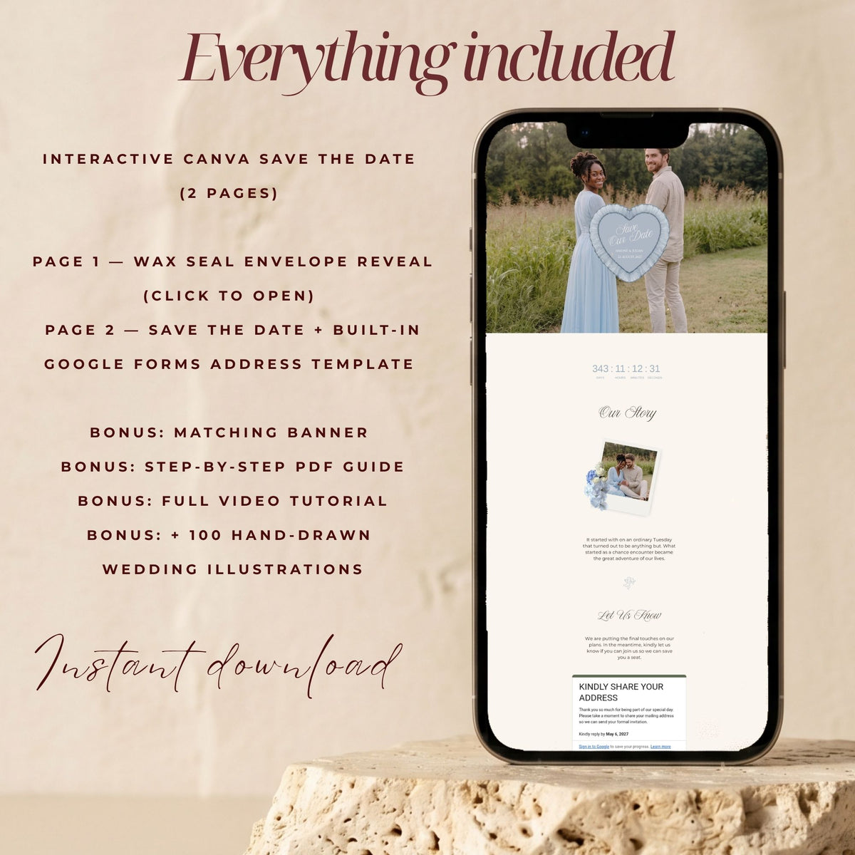 Dusty Blue Canva Save the Date Wedding Website | Interactive Wax Seal Envelope Reveal | Digital Invitation with Address Collection