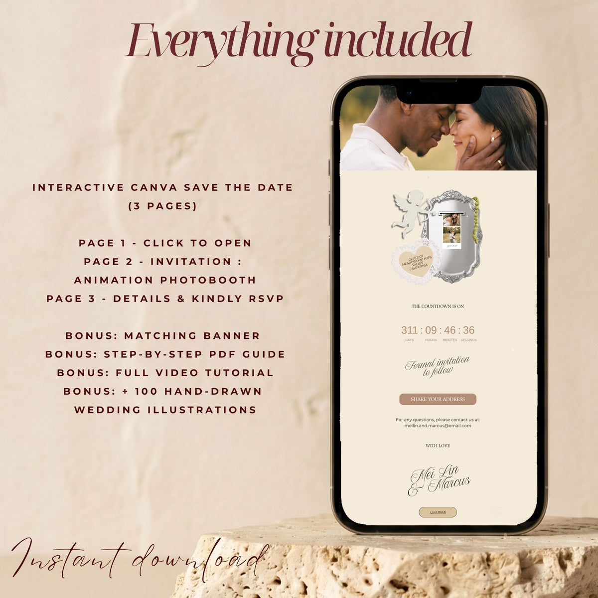 Romantic Photobooth Save the Date Website Template | Canva Save the Date with Countdown Timer & Address Collection