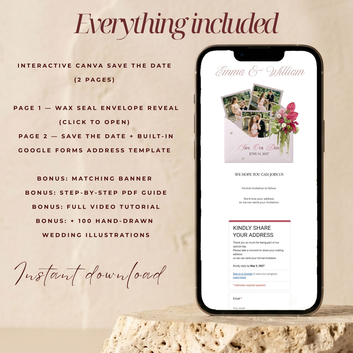 Pink and Floral Save the Date Template | Canva Editable | Romantic Digital Wedding Announcement